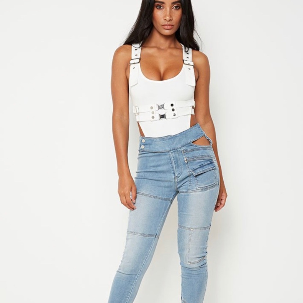 HIGH LEG DOUBLE BELTED BODYSUIT leather straps